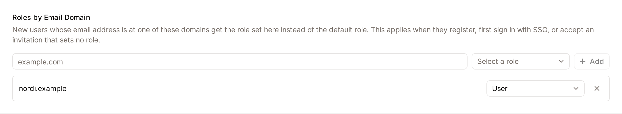 Roles by Email Domain with one domain added and its role