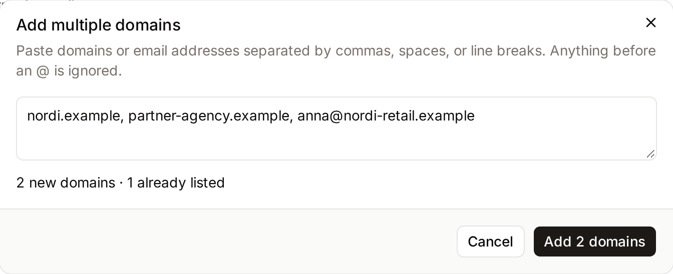 The Add multiple domains dialog with a pasted list and its count of new and already listed domains