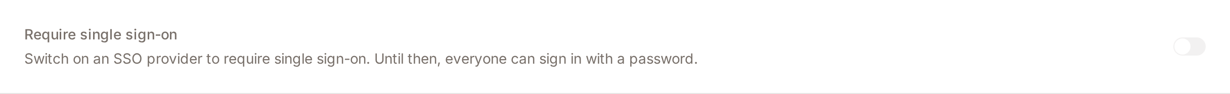 The Require single sign-on row, locked until an SSO provider is switched on