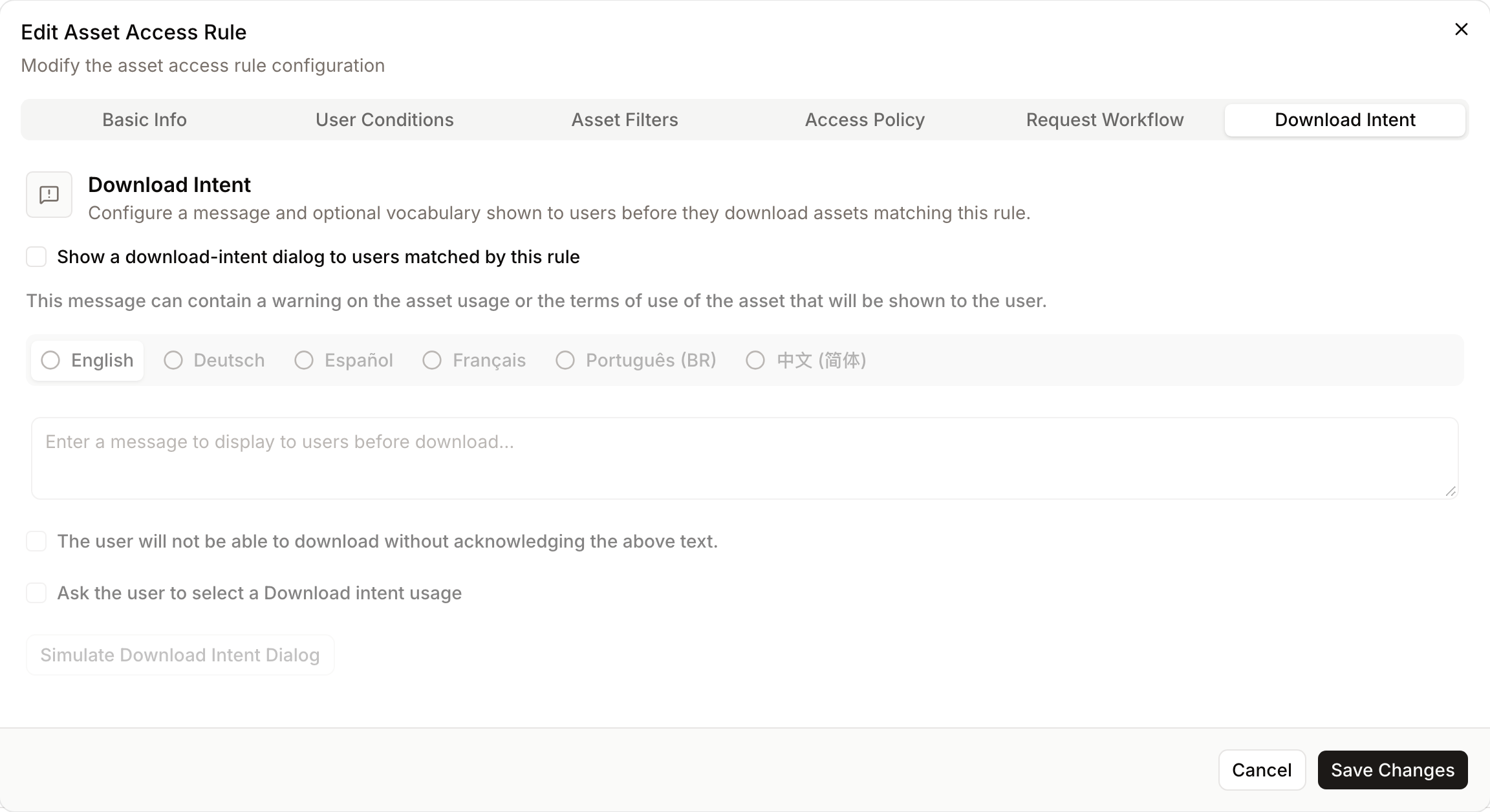 The Download Intent tab