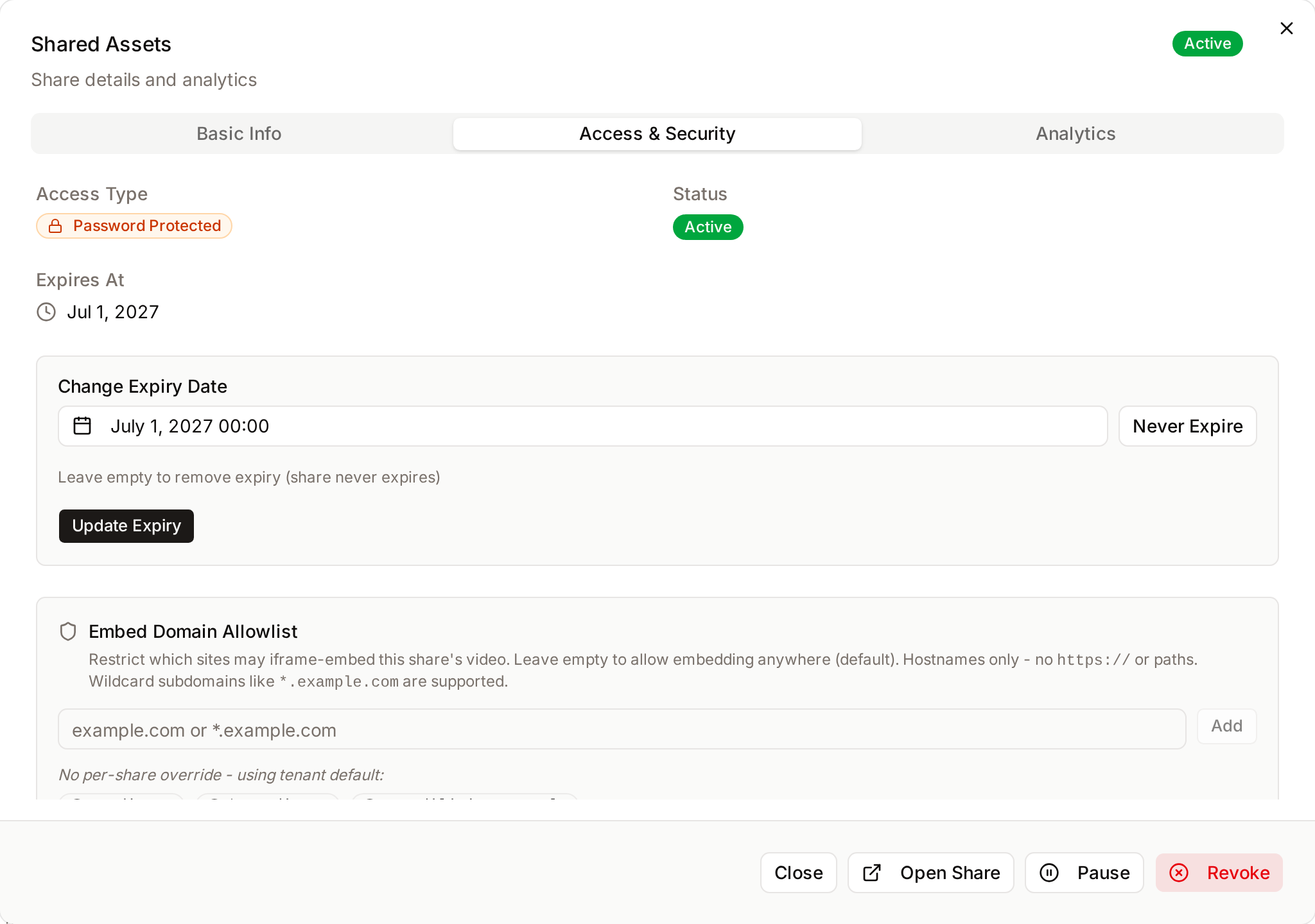 Share details dialog with a password-protected access type, an expiry date, and Pause and Revoke buttons