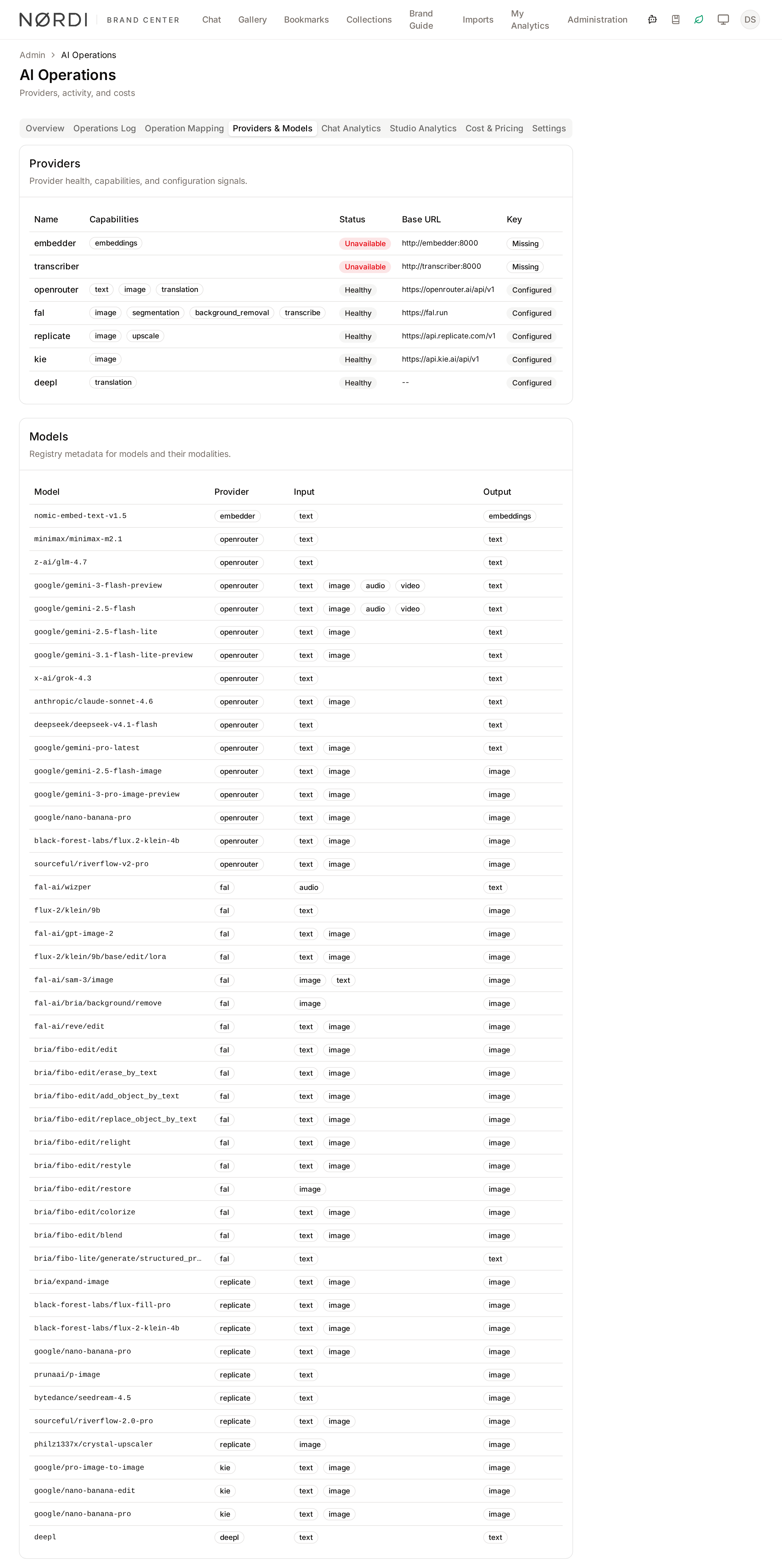 Providers & Models tab with provider health and the model registry