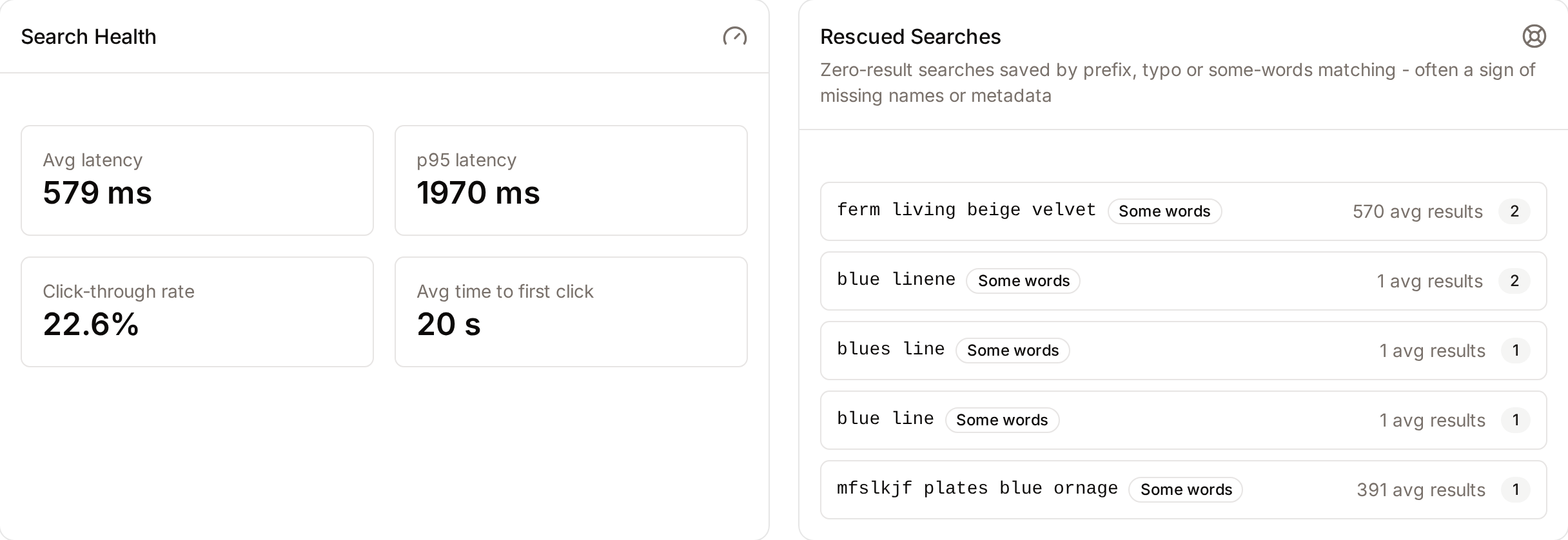 The Search Health and Rescued Searches cards