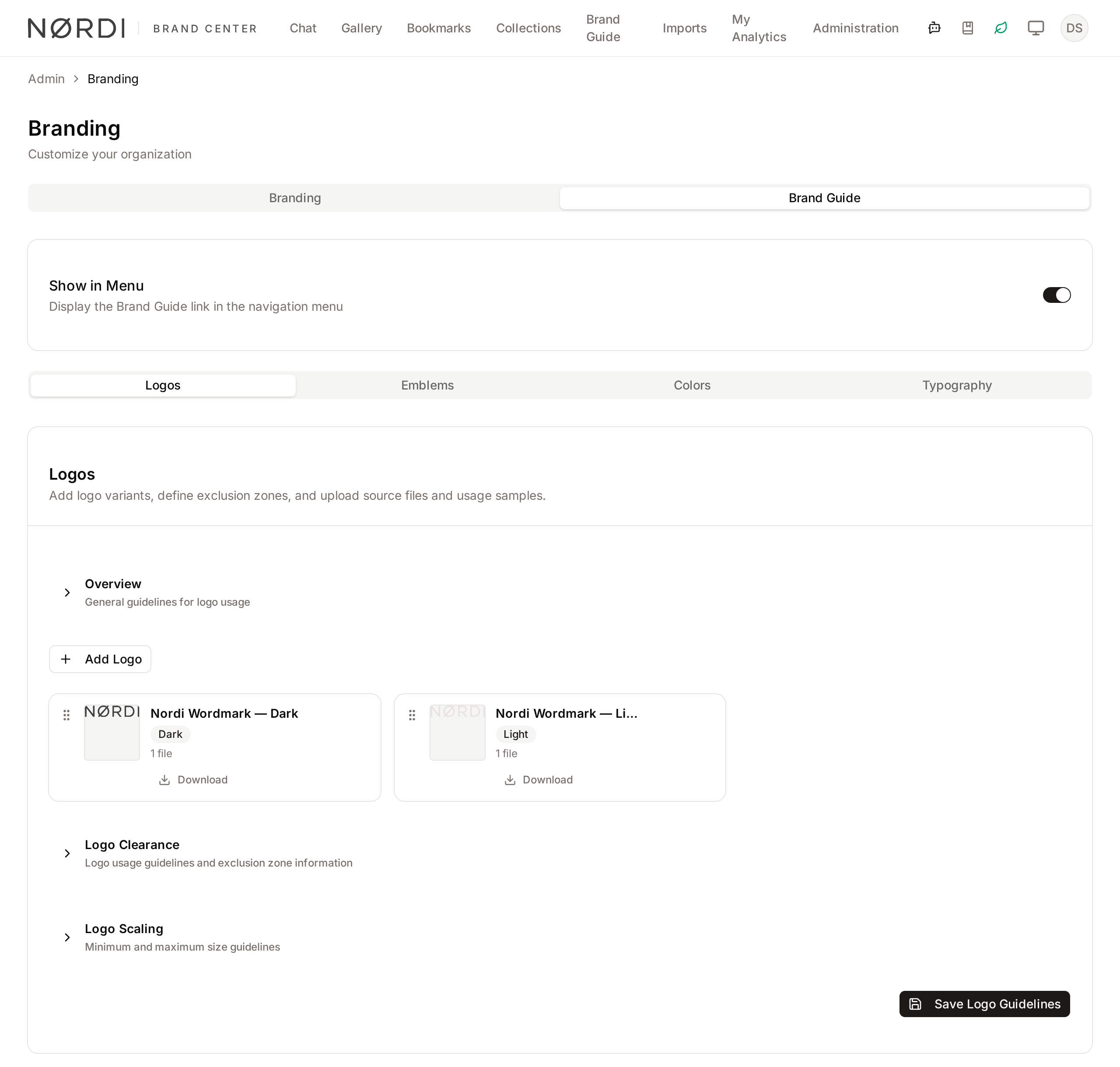 Brand Guide tab, Logos section with logo variants and the Add Logo button