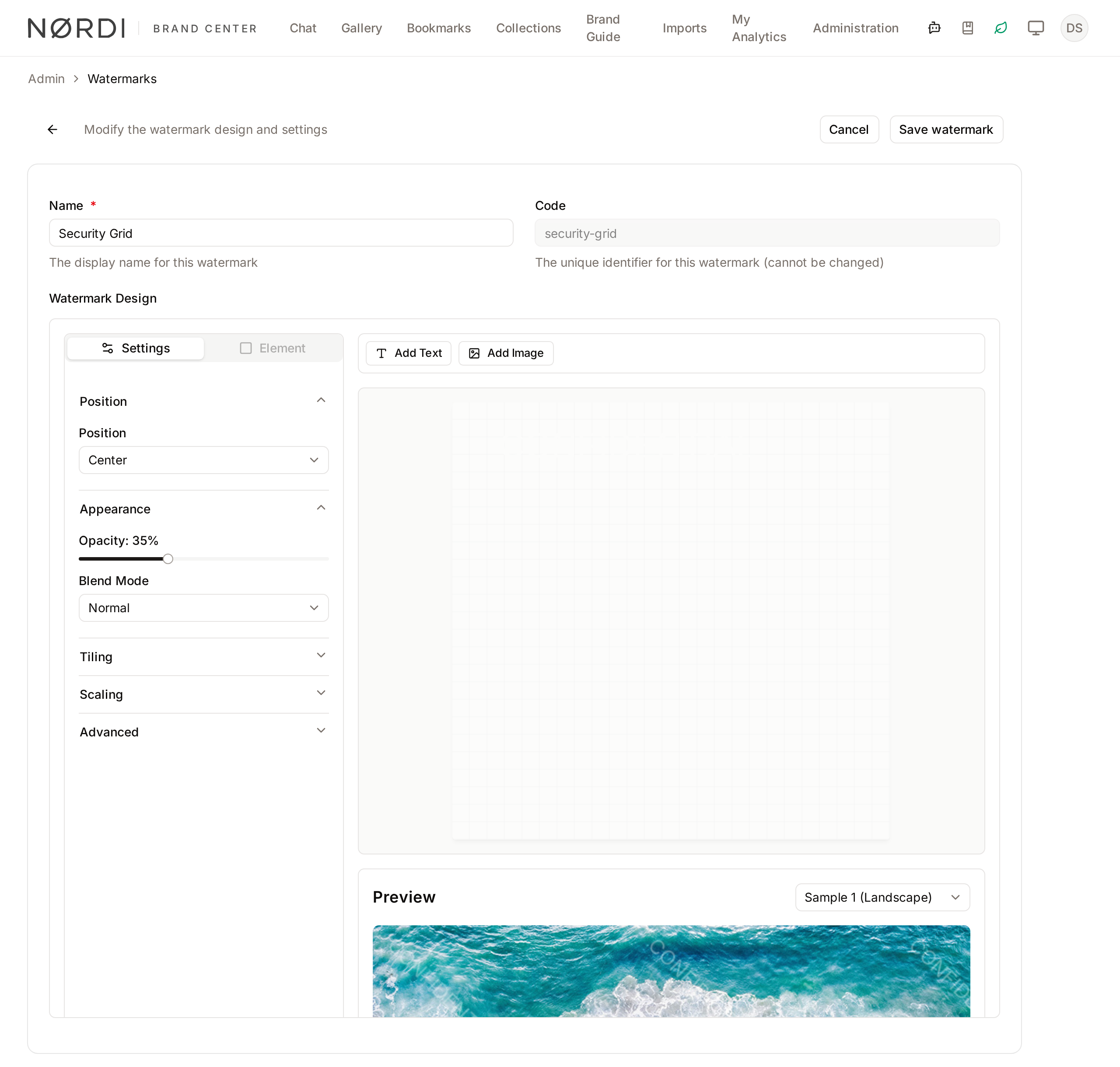 Editing a tiled watermark in the designer, with the settings sidebar, the canvas and the preview