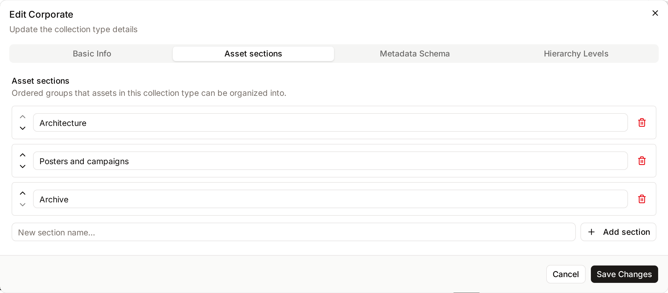 Asset sections tab