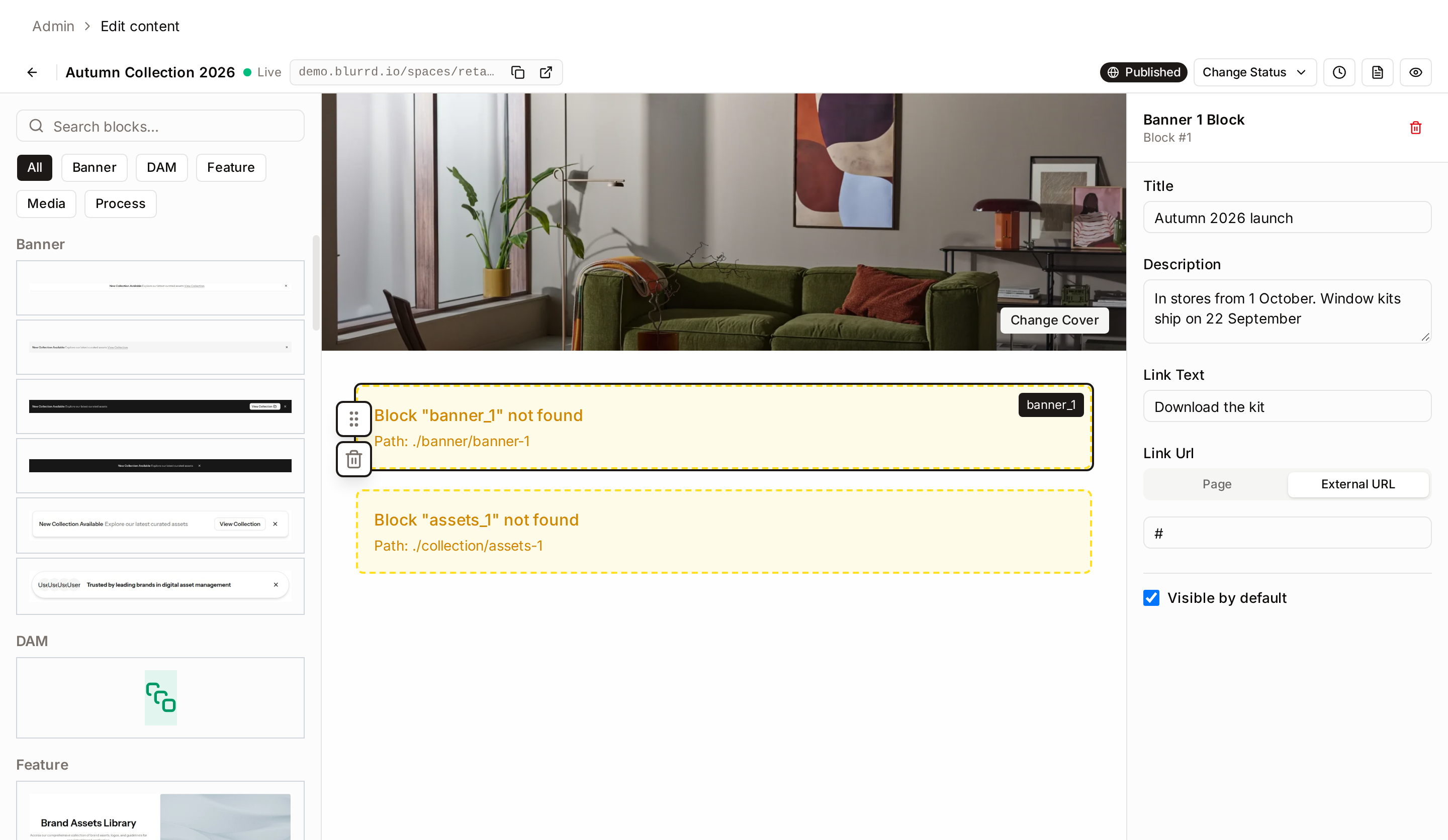 Page editor with the block palette, canvas and block inspector
