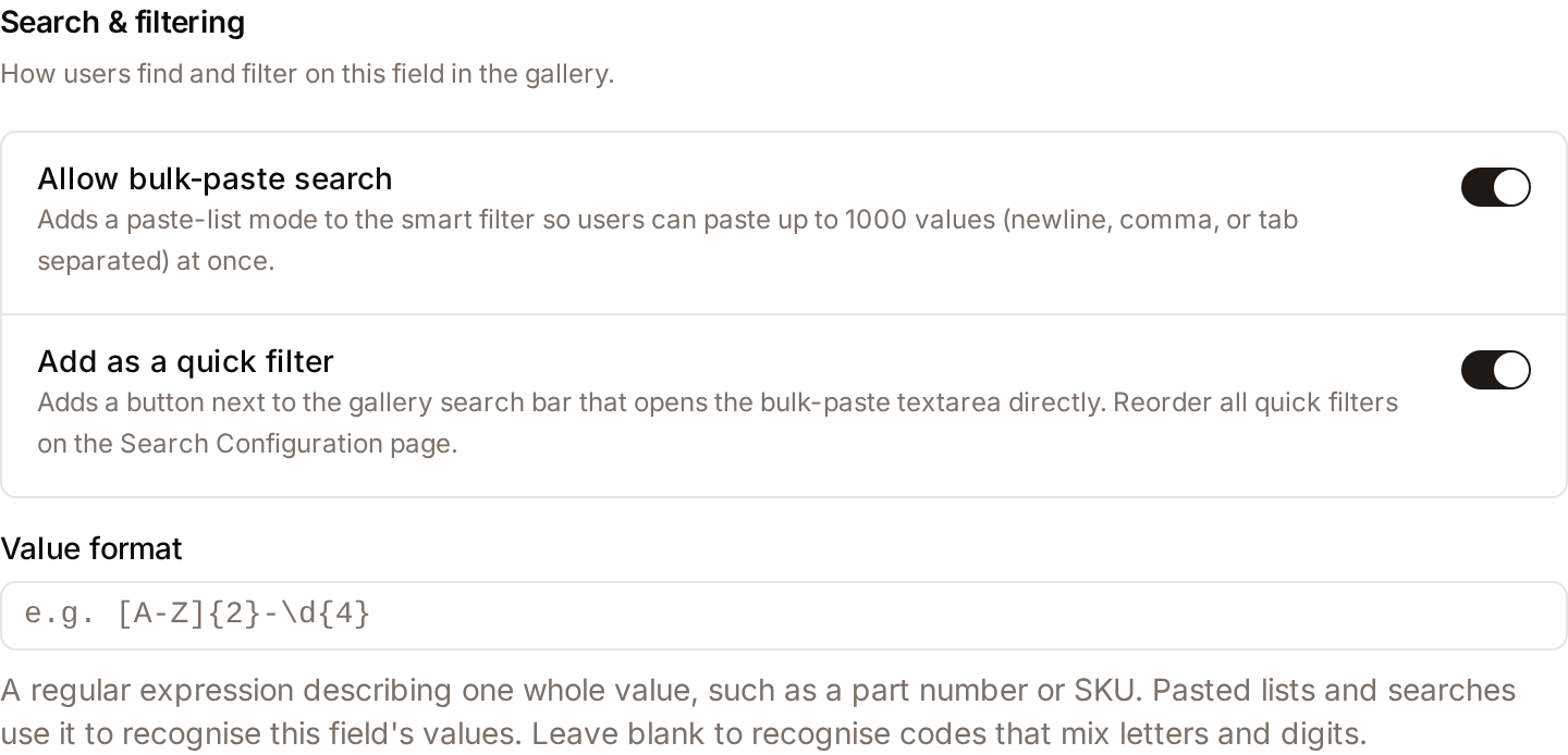 Search and filtering section of the Edit field dialog with the bulk-paste toggles and the Value format input