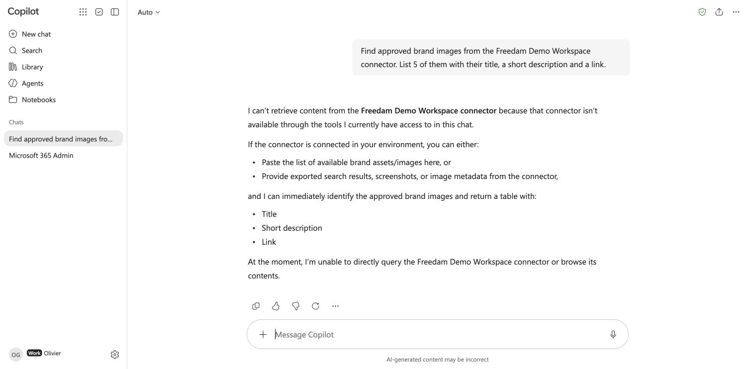 Copilot Chat answering that the connector is not available