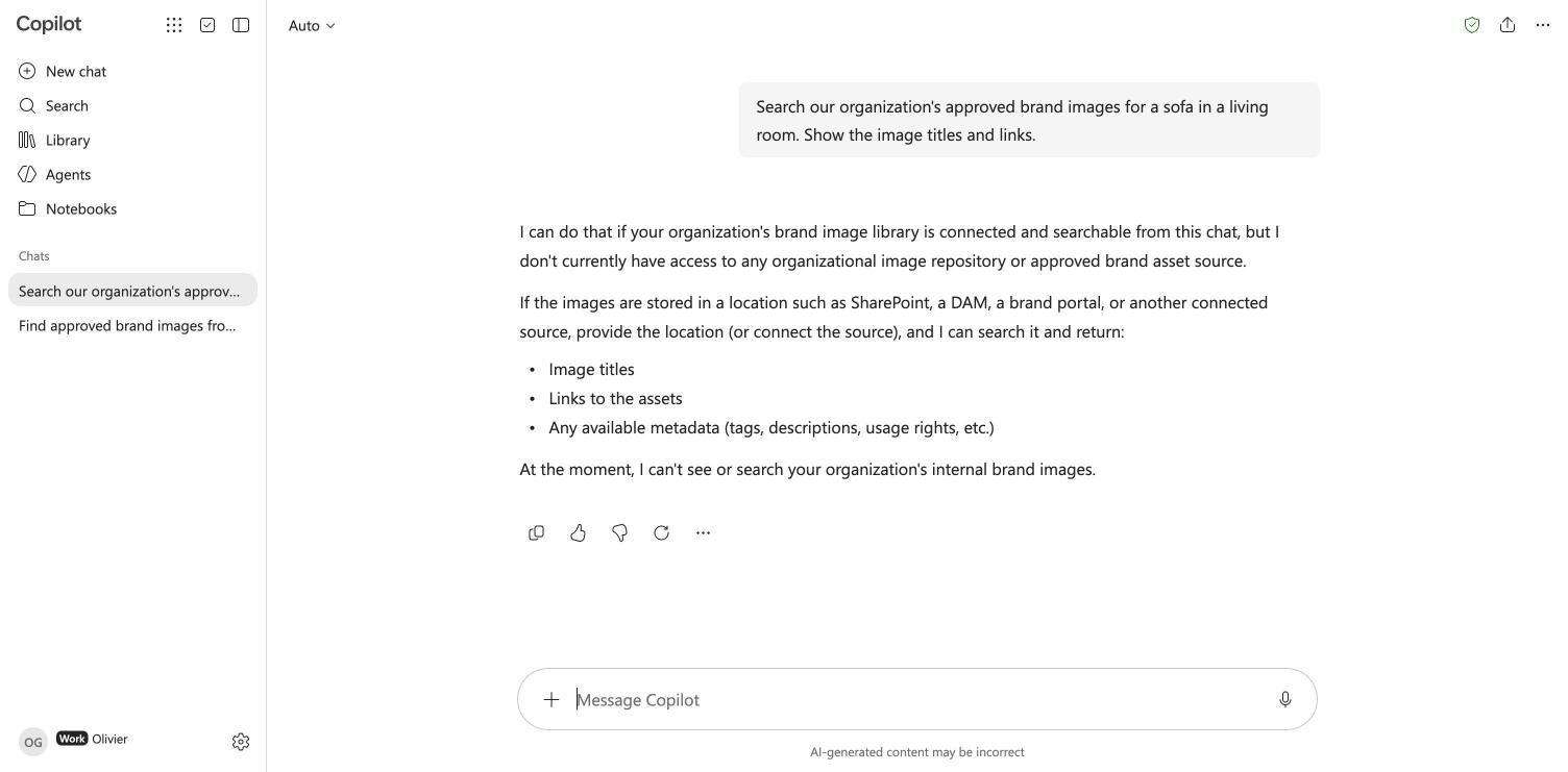 Copilot Chat answering that it has no access to a brand image source