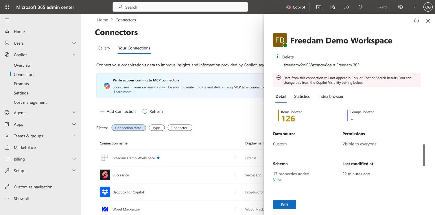 Connection stats with the number of items indexed, the data source and the permissions