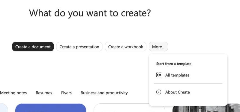 More menu of the Create page, listing only All templates and About Create