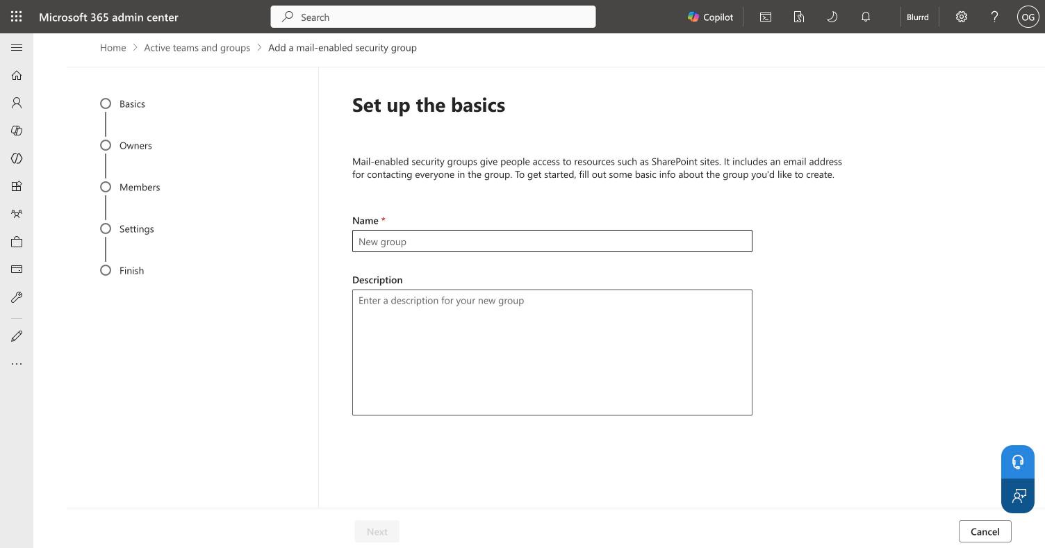 First step of the mail-enabled security group wizard