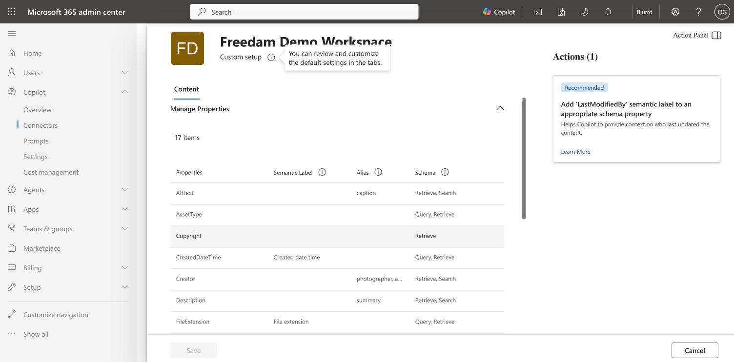 Manage Properties view with a recommendation from Microsoft