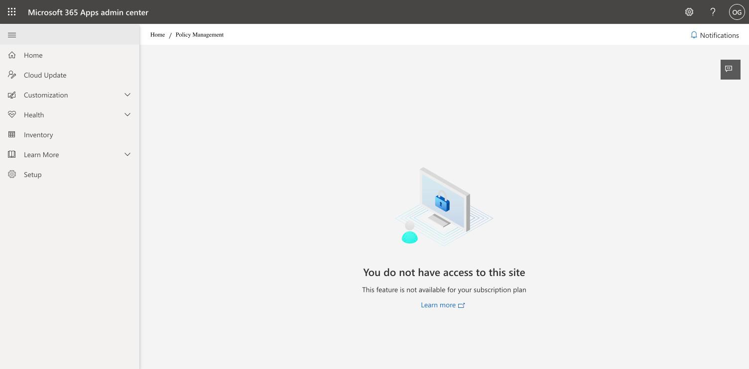 Policy Management page answering that the feature is not available for the subscription plan