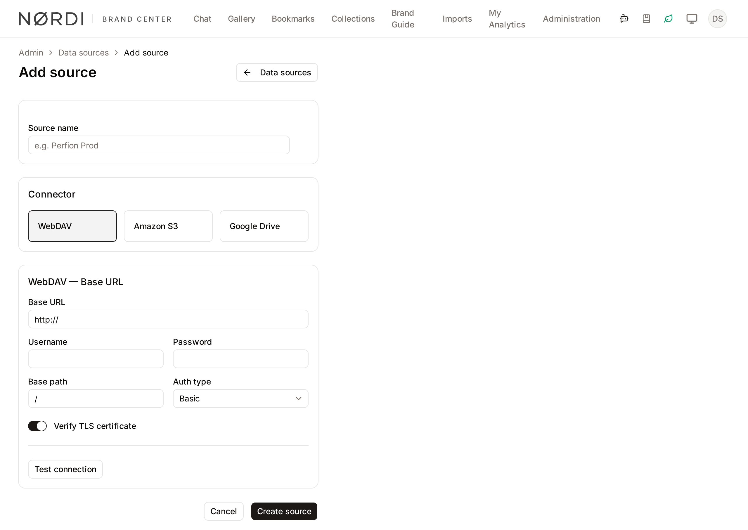 The create-source page, showing the connector options
