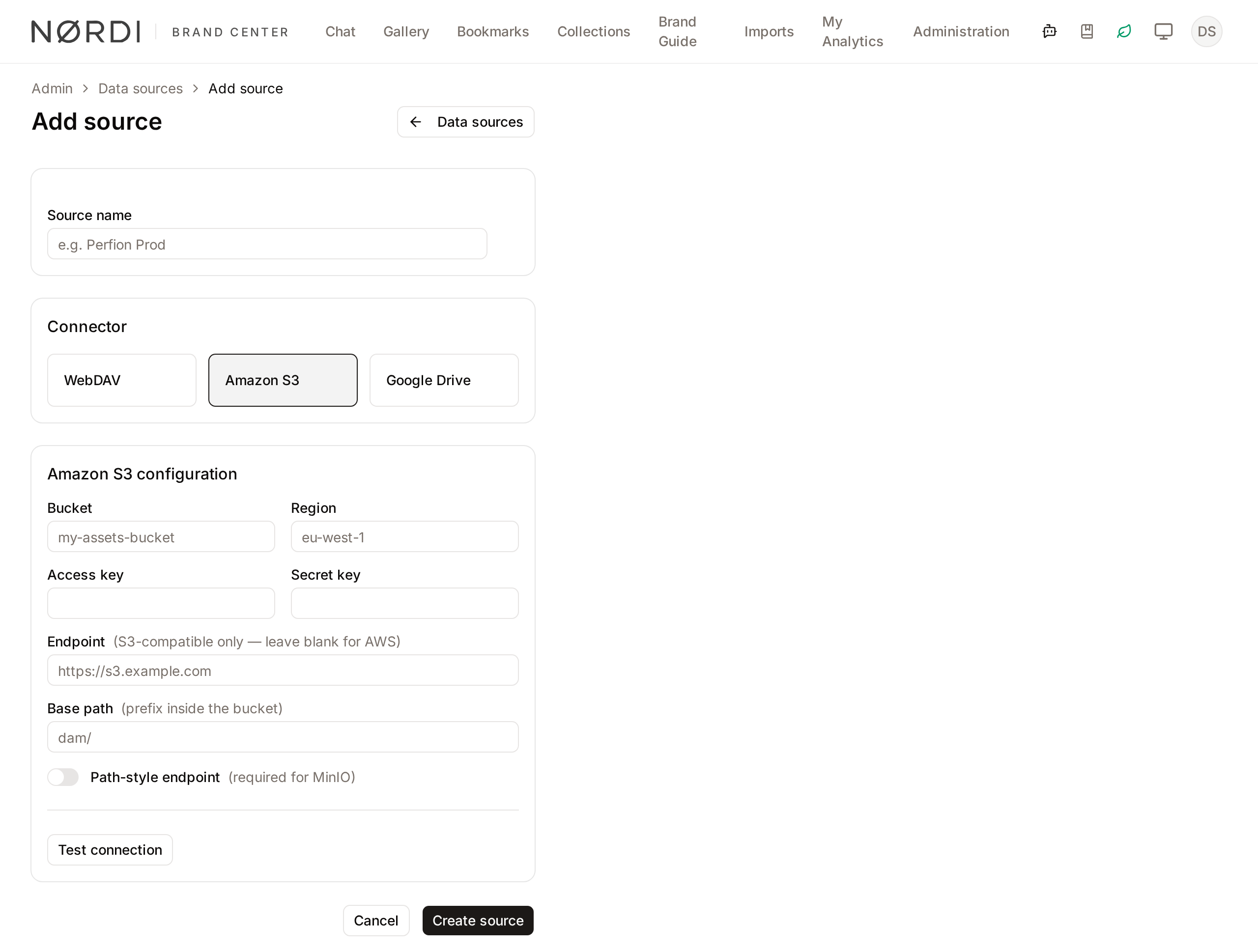 The create-source page with the Amazon S3 connector selected