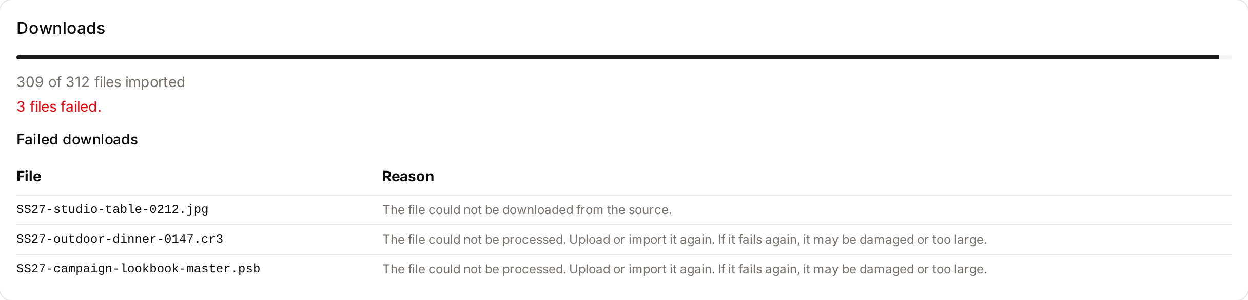 The Downloads card on a run page: 309 files imported, 3 failed, and the list of failed files with their reasons
