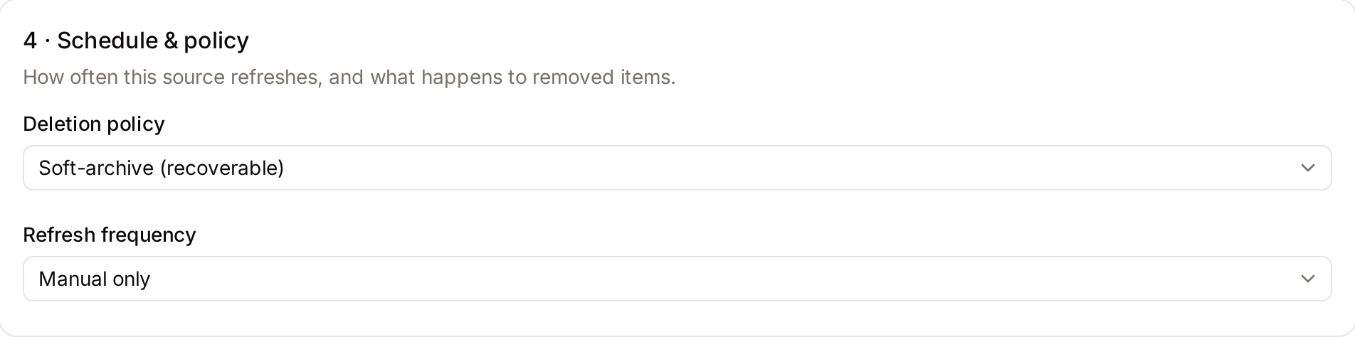 The Schedule & policy step on the Edit page of an Amazon S3 source, with the Deletion policy and Refresh frequency fields