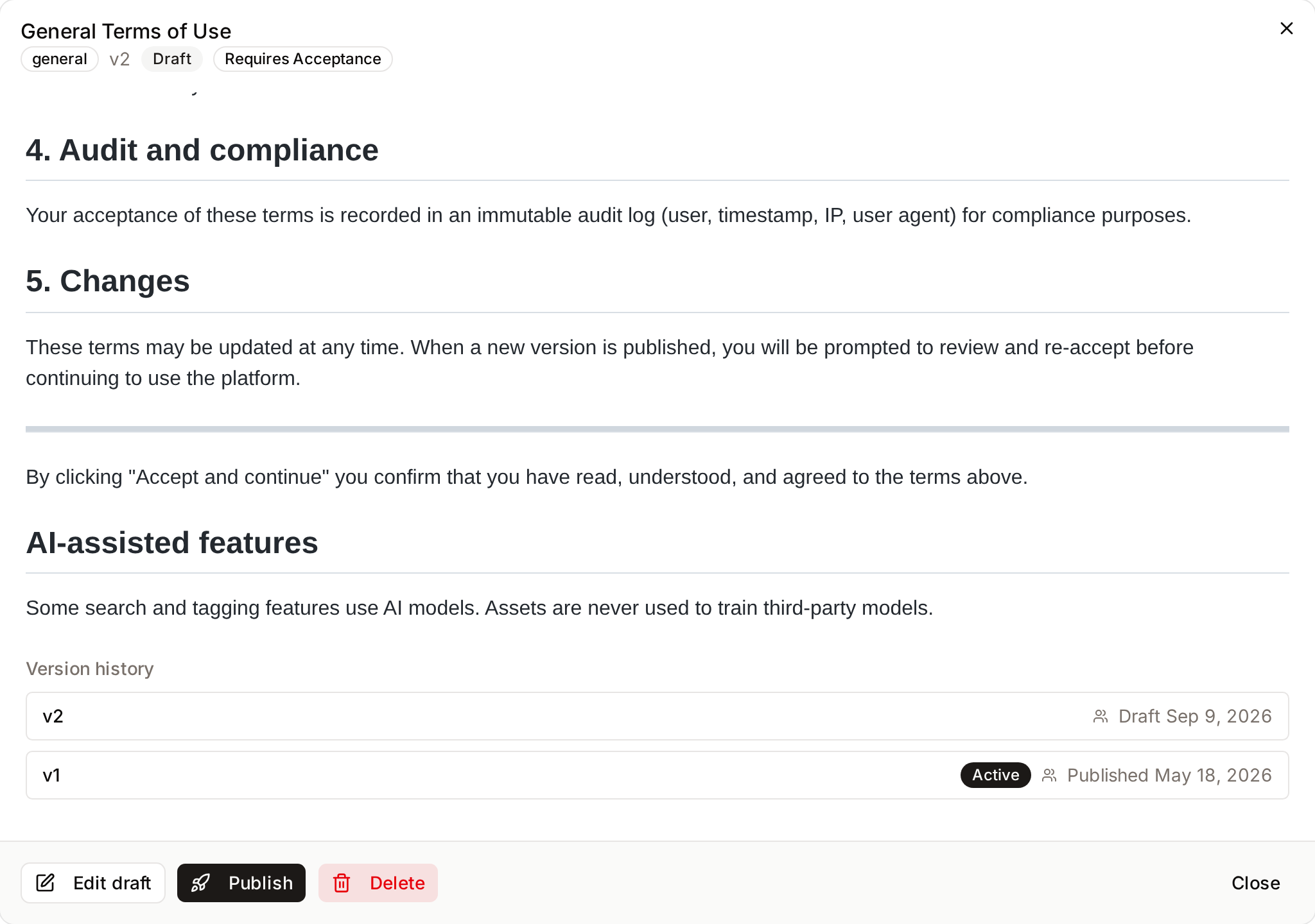 A terms-of-use document opened with View, with its text and version history
