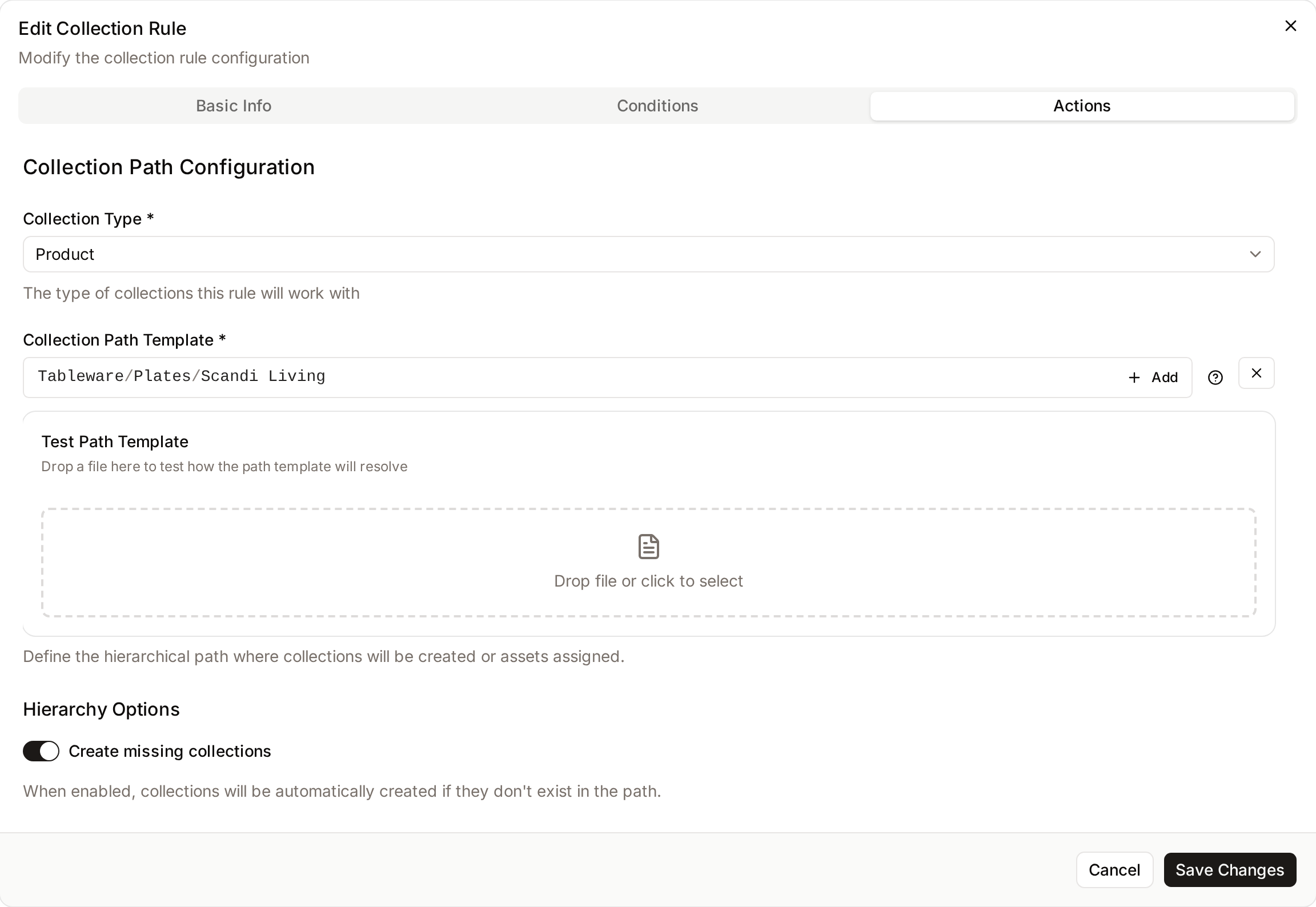 Actions tab of a collection rule