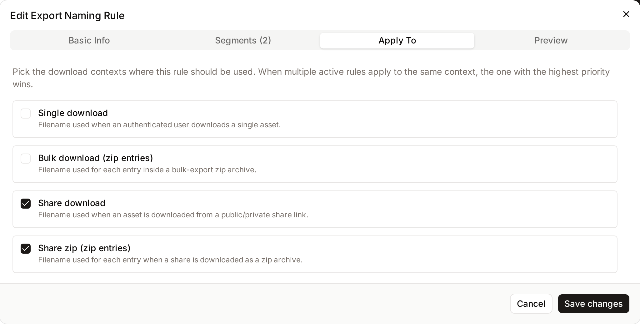 Apply To tab of an export naming rule