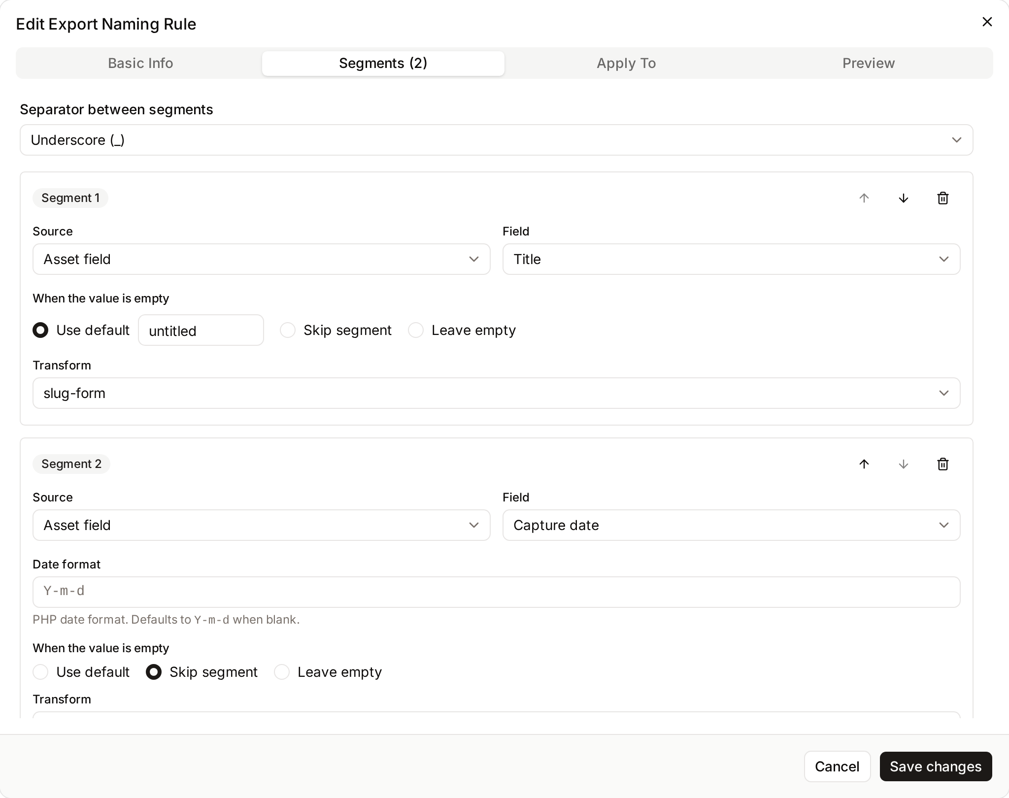 Segments tab of an export naming rule