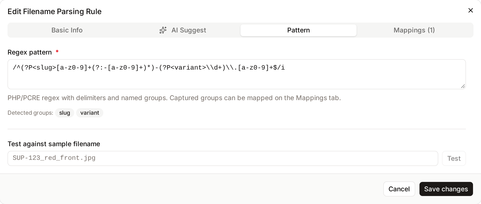 Pattern tab of a filename parsing rule