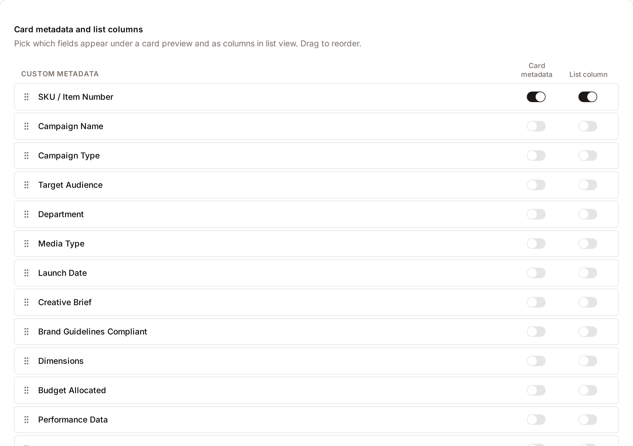 Card metadata and list column switches