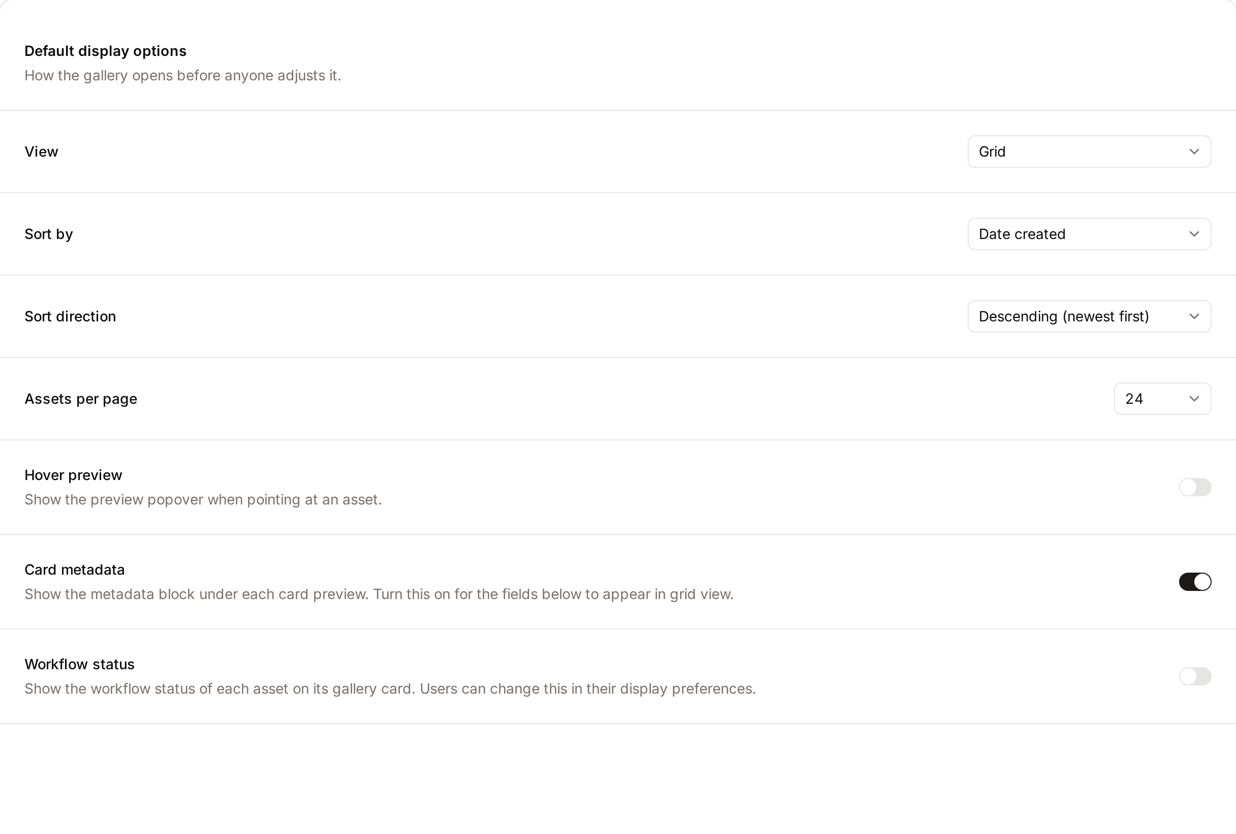 Default display options, with the Hover preview, Card metadata, Workflow status and Collapse identical files switches