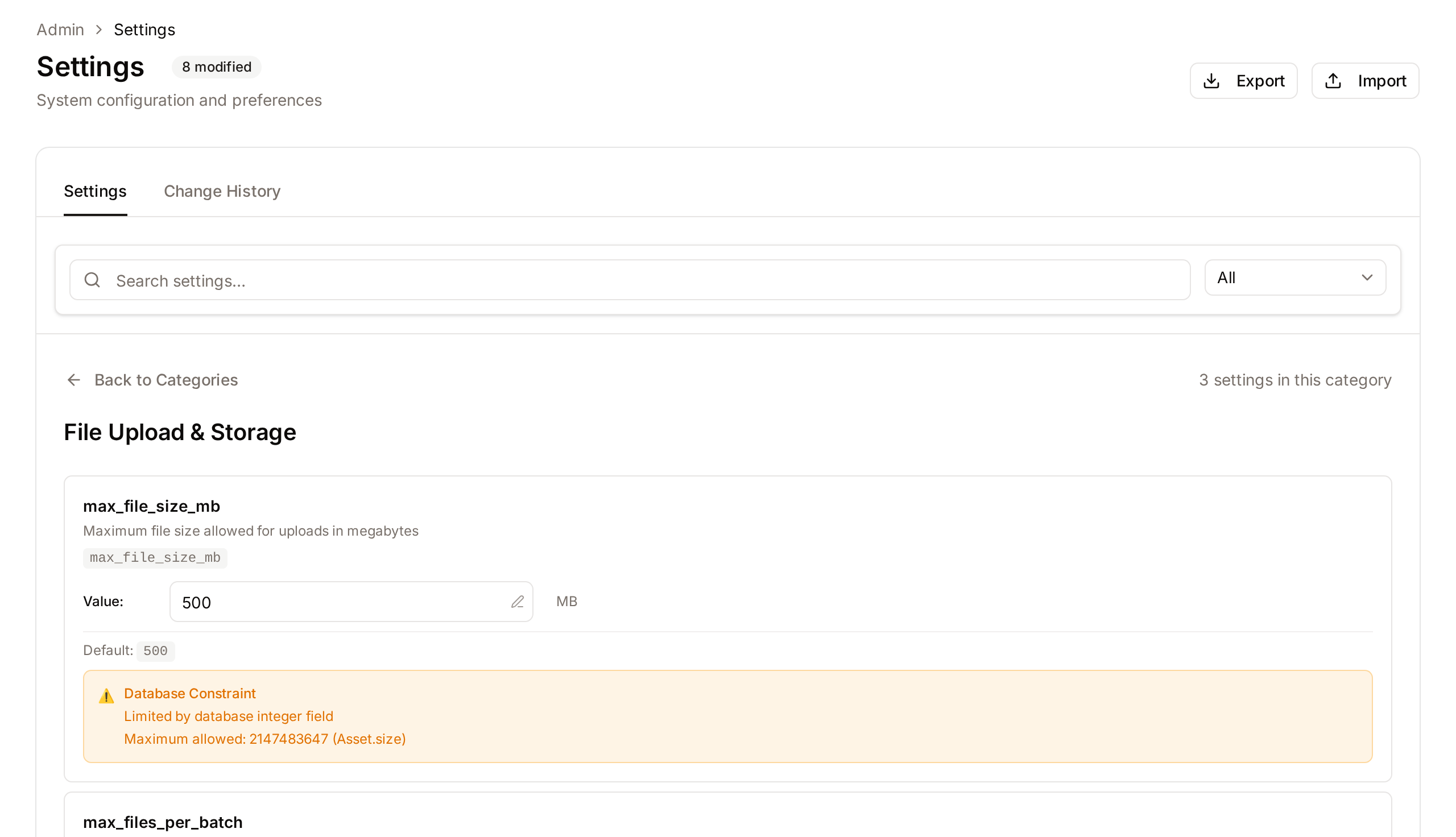 The File Upload & Storage category with its setting rows