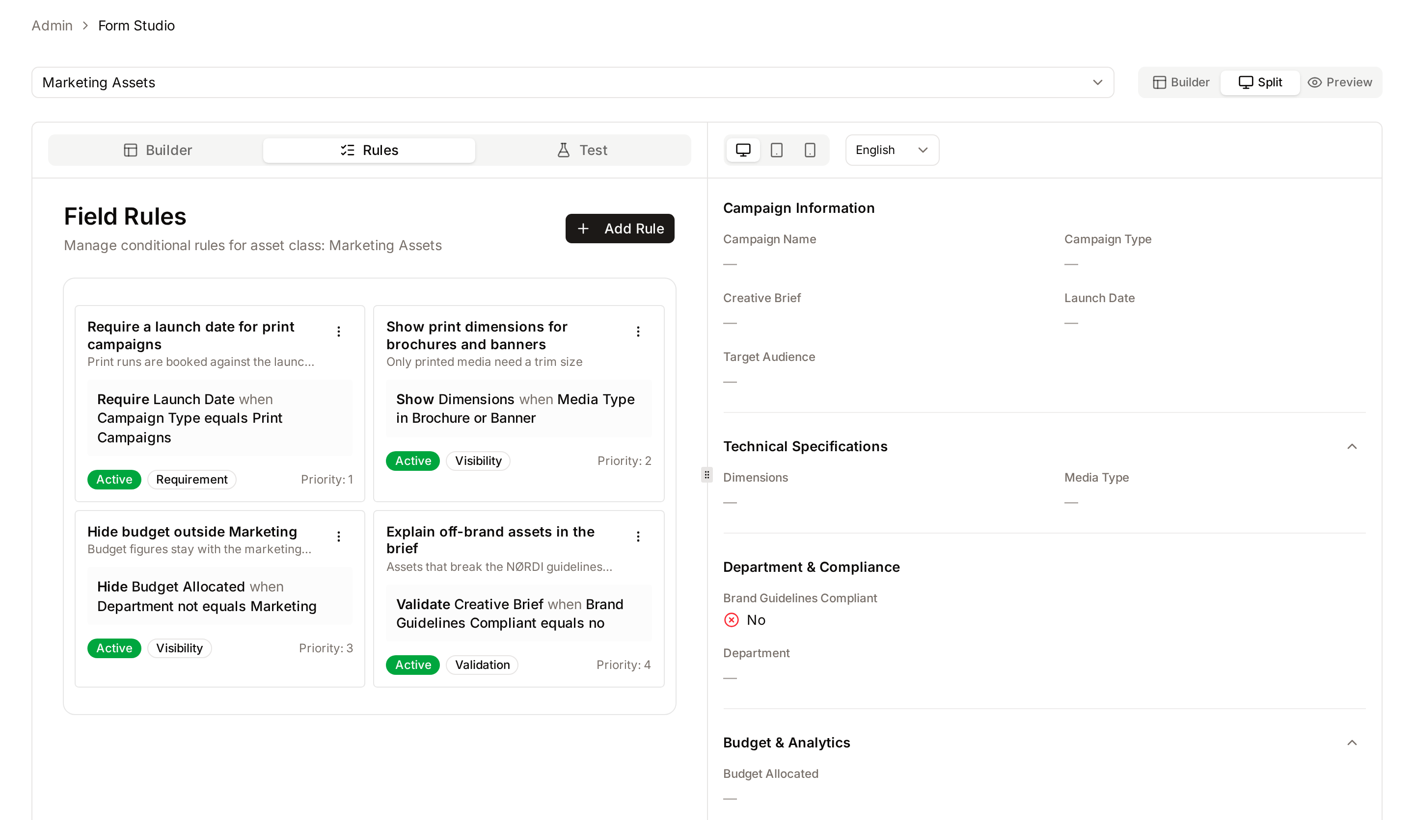 Rules tab of Form Studio