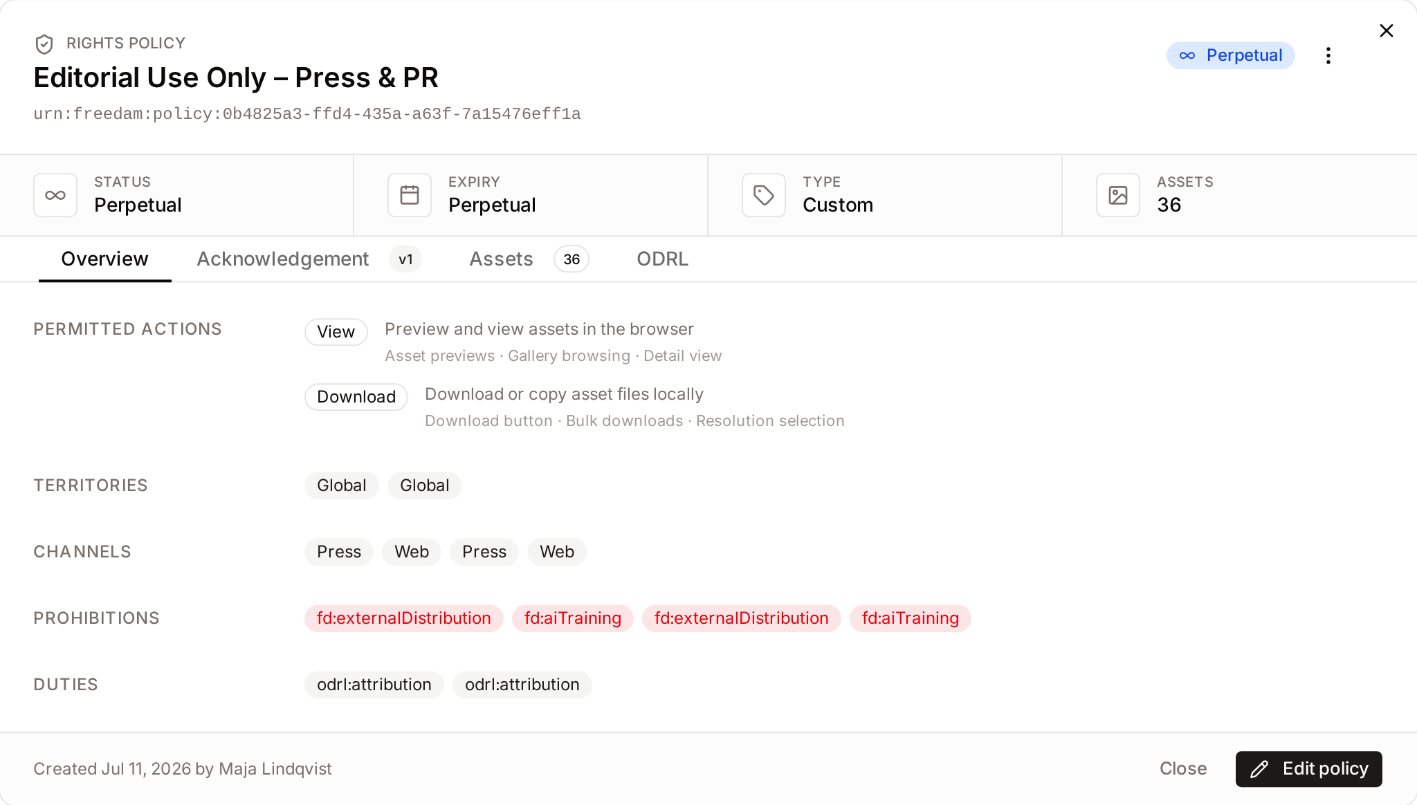 Policy details dialog with the Overview tab