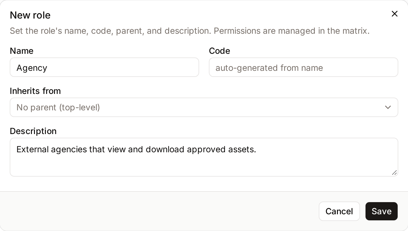 The New role dialog with the name, code, parent and description fields