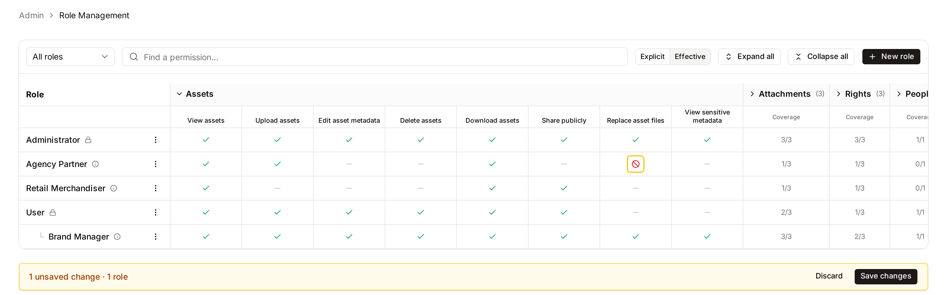 The Effective view of the Assets category: one result per cell, with an unsaved change outlined