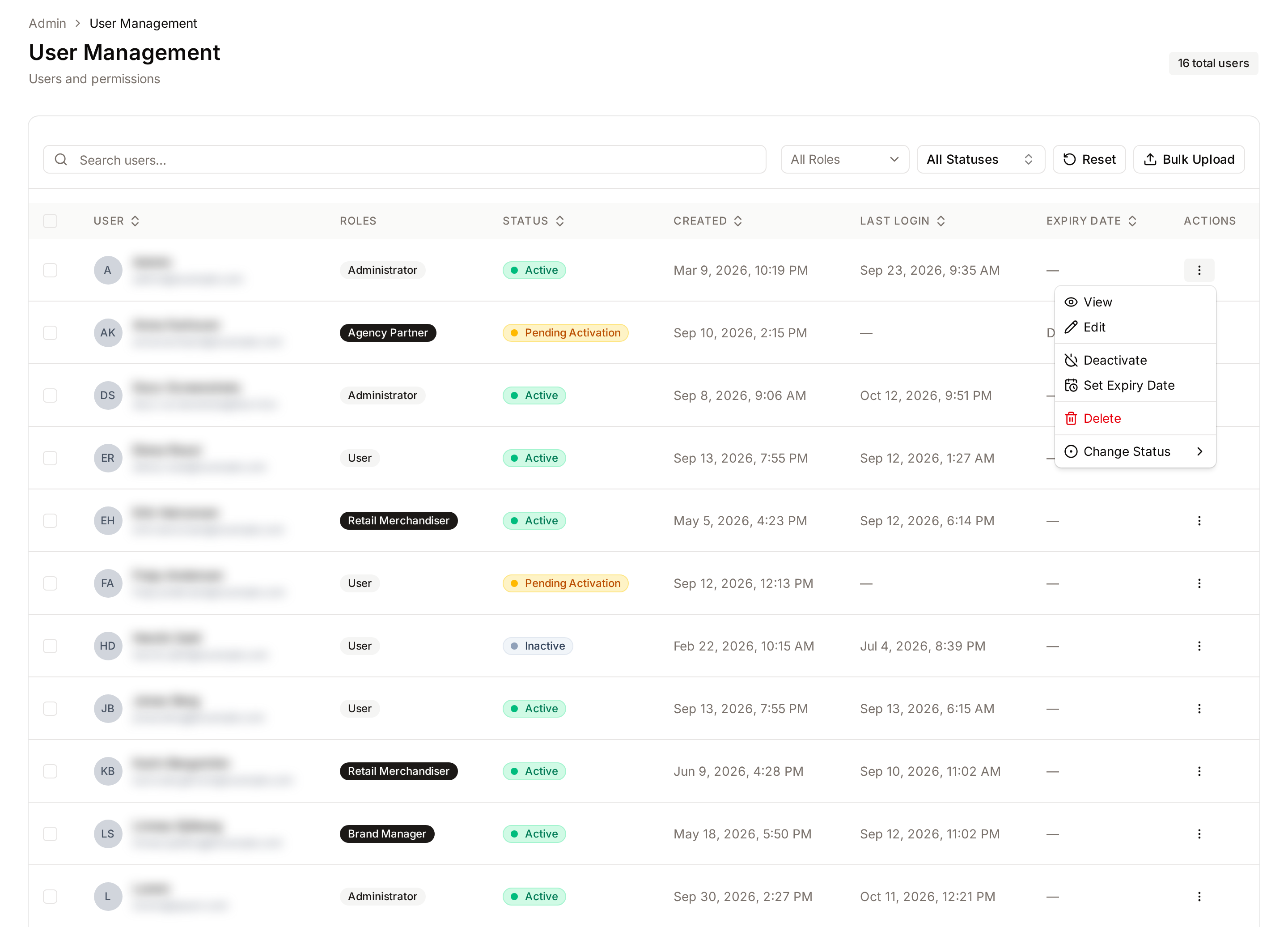 Actions menu of a user row