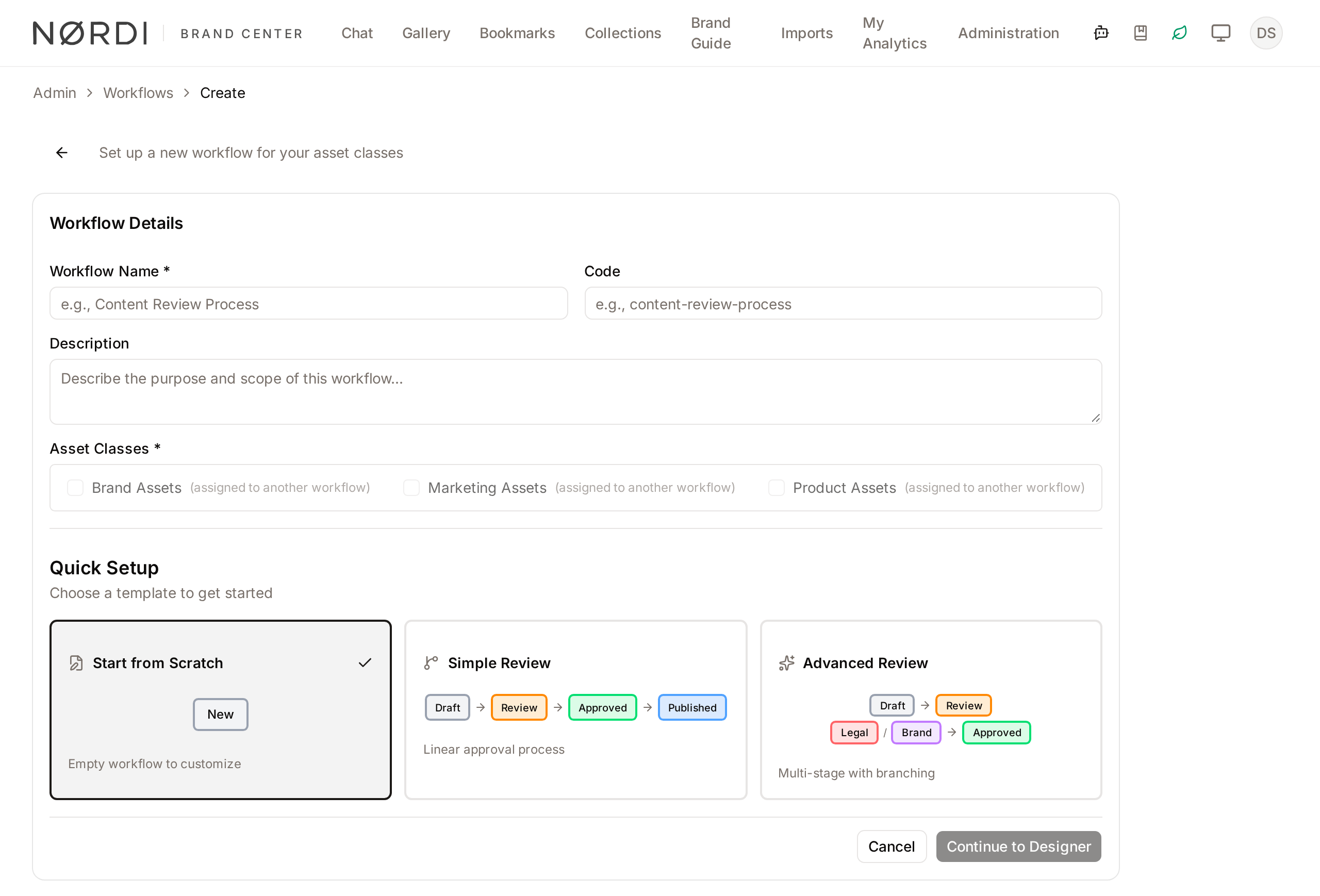 Create Workflow page with the Workflow Details form and the three Quick Setup templates