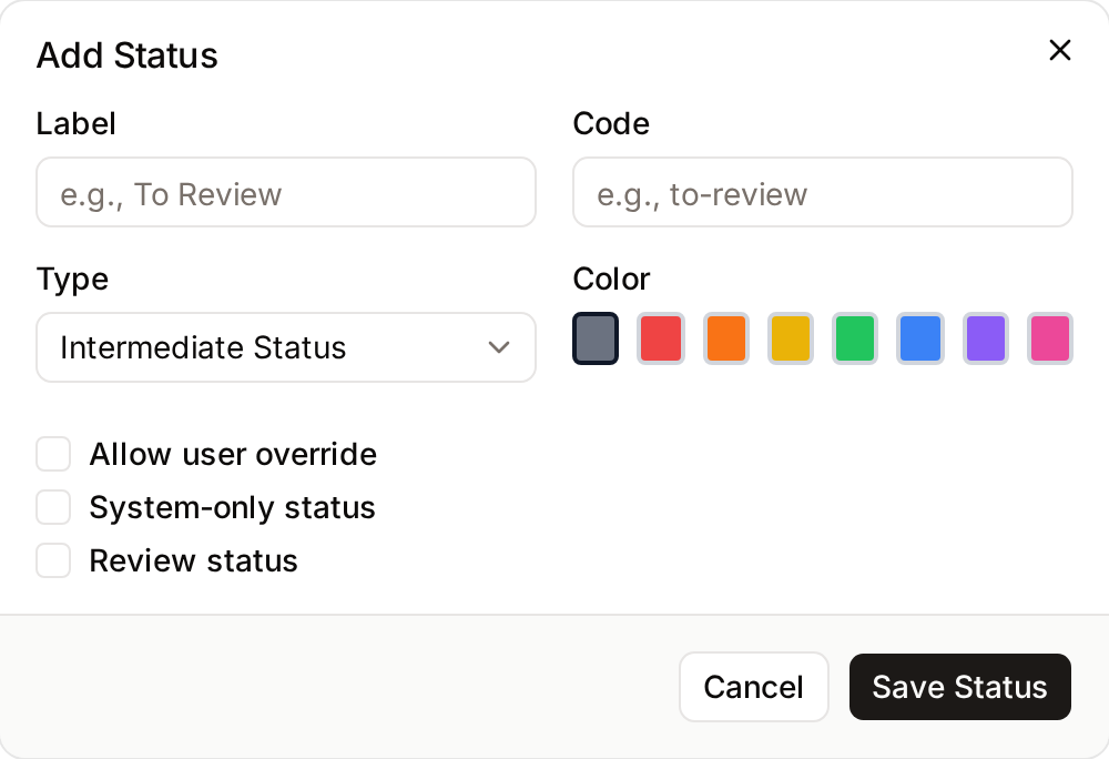 Add Status dialog with the label, code, type, color and status options