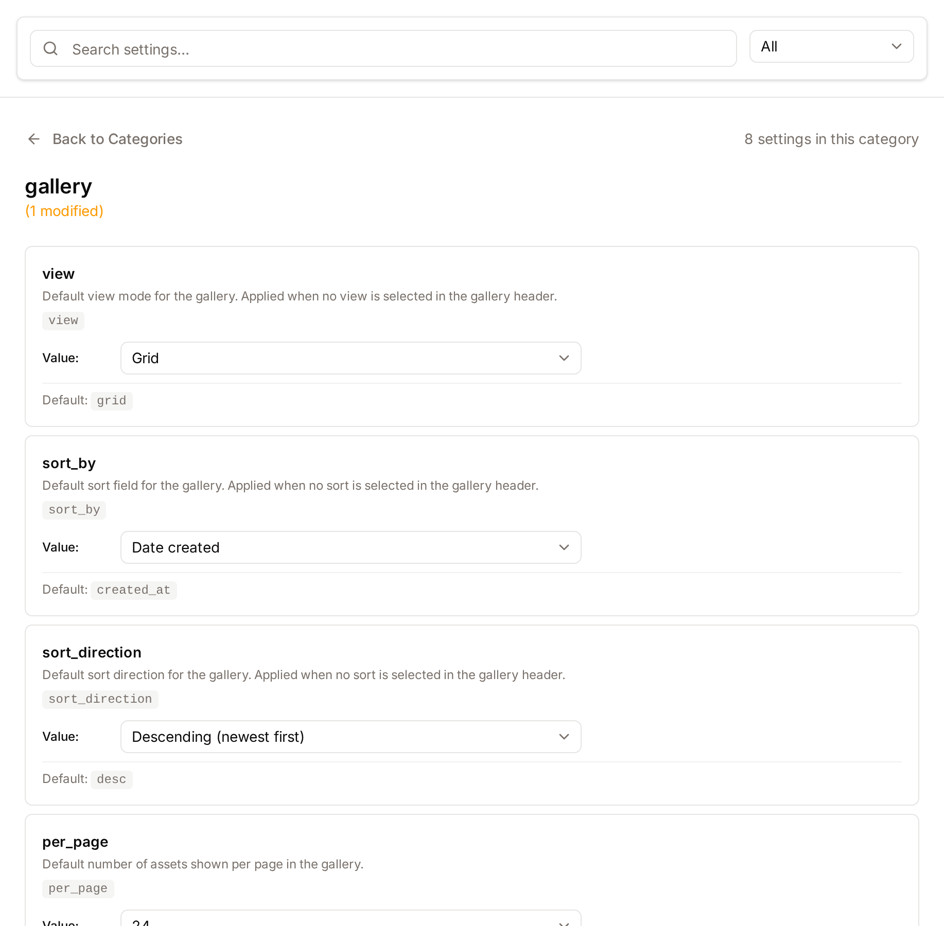 The Preferences tab with a category open, showing its settings and their default values