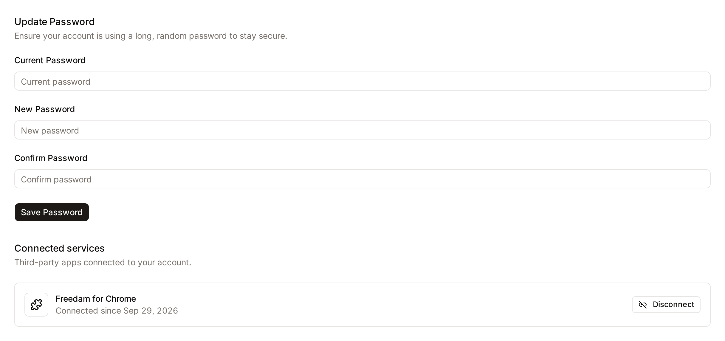 The Security tab with the Update Password form