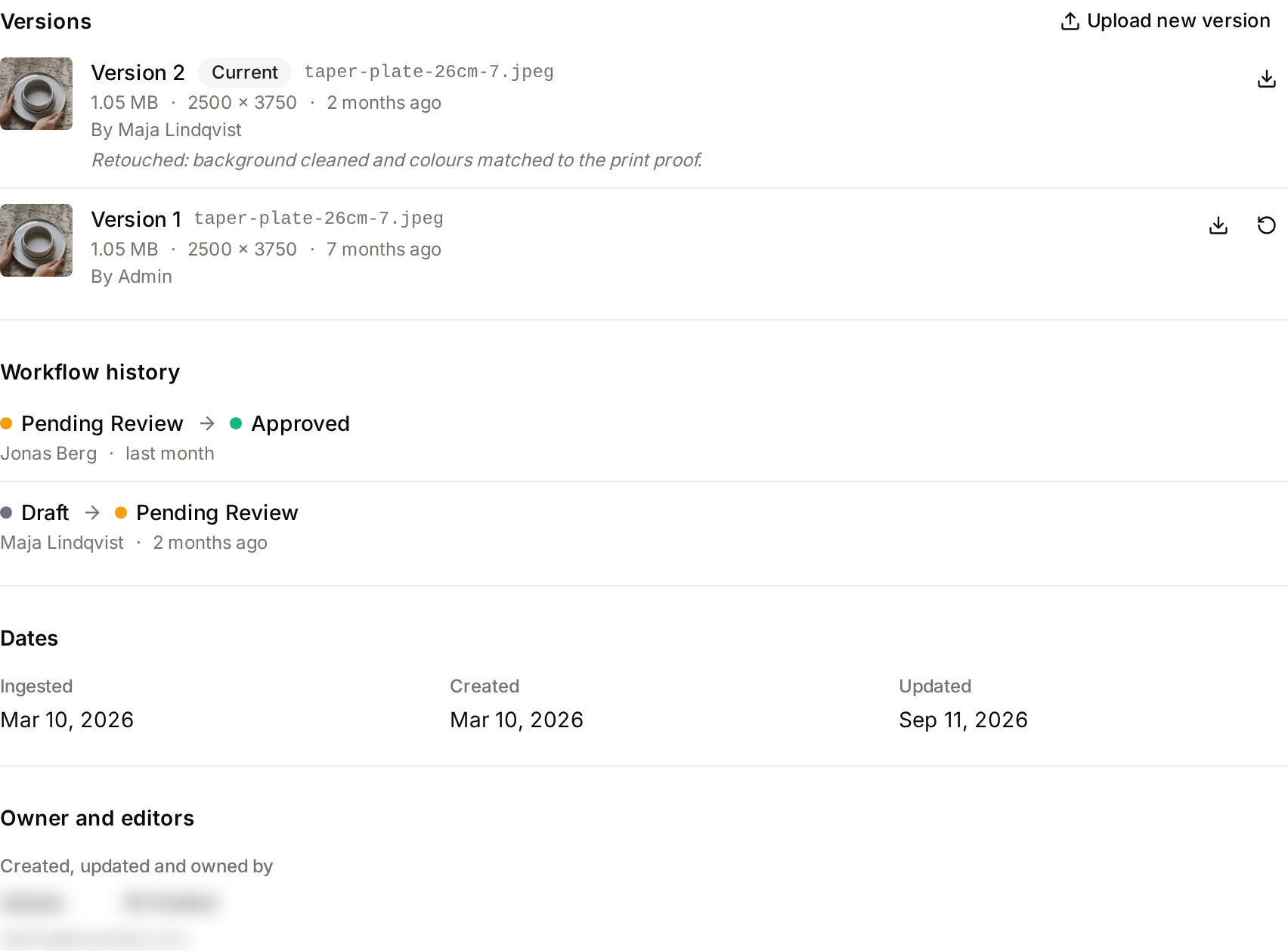 The History tab of an asset: Versions, Workflow history, Dates, and Owner and editors