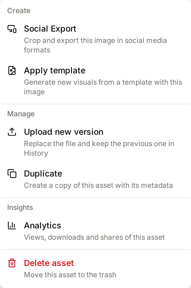 The More menu of the asset page, with its Create, Manage and Insights groups and Delete asset