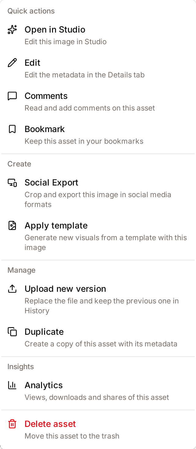 The More menu on a phone, with Studio, Edit, Comments and Bookmark under Quick actions