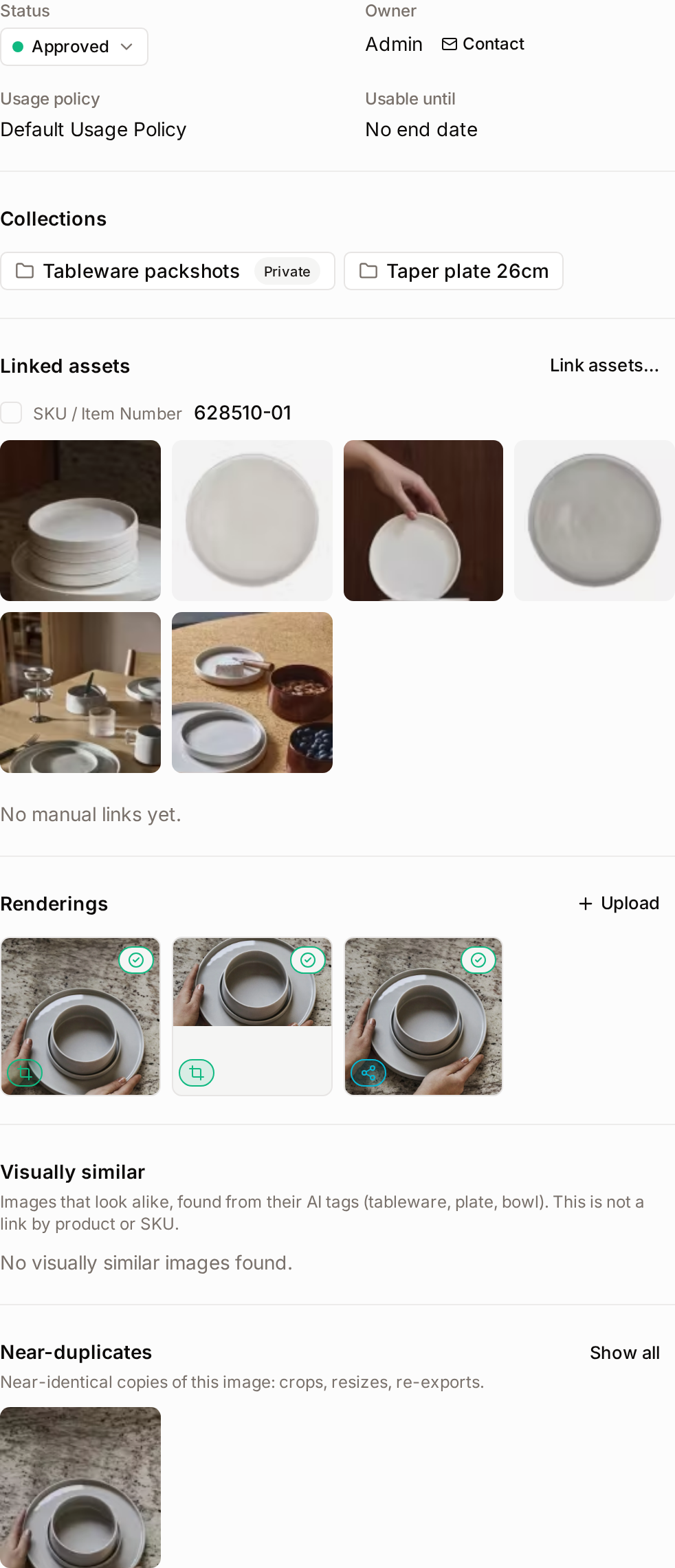 The related column of the asset page: status card, collections, linked assets, renderings, visually similar images and near-duplicates