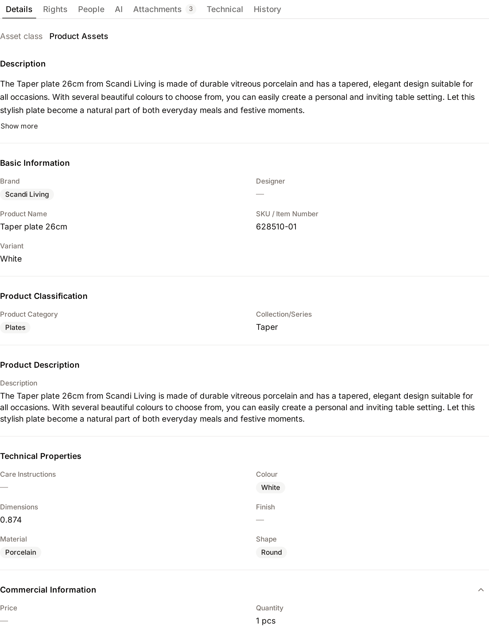 The Details tab under the preview, with the asset class, description, keywords and metadata sections