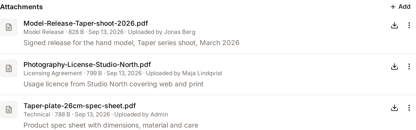 The Attachments tab on an asset page with its list of attached files