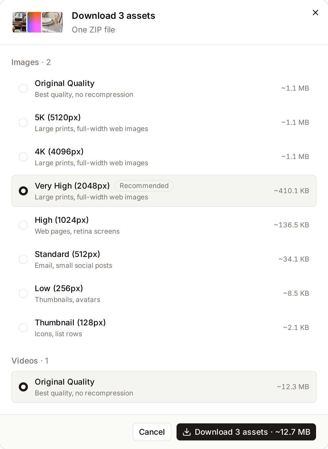 The download dialog for a selection: one size list per file type with predicted sizes, and the combined usage rights