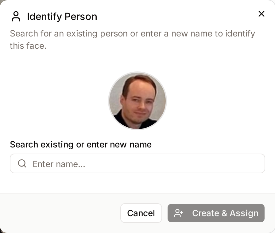 The Identify Person dialog, opened from an unidentified face