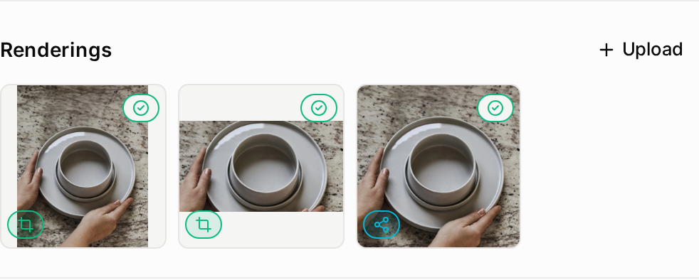 The Renderings section on an asset page, with its Upload button and the renderings attached to the asset