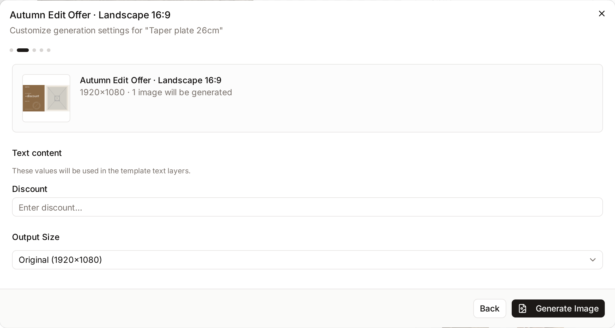 The Customize step of a template, with its text fields and output size